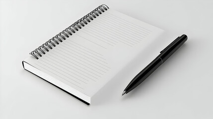 3D Plain Notebook with Pen Concept: Minimalist Design on Glossy White Desk, Symbolizing Planning and Revenue Opportunities with Ample Copy Space