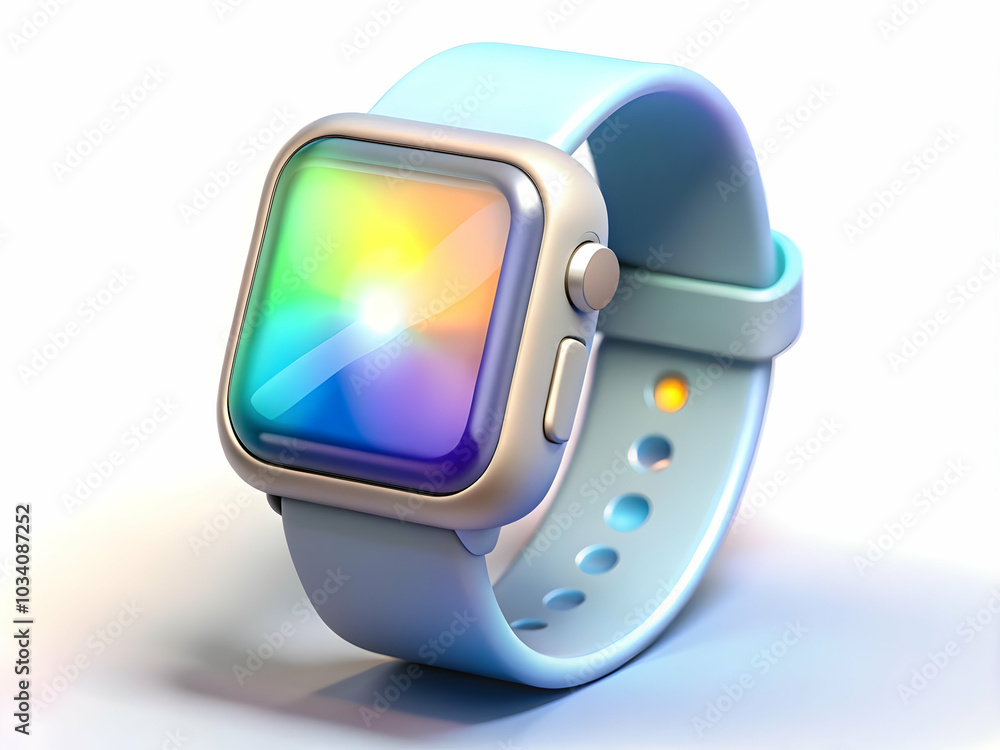 Poster futuristic smartwatch close up displaying holographic data with soft glow & copy space for promotion