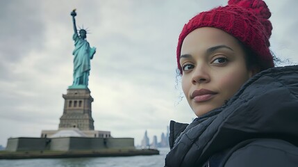 Close-up of the woman standing near the Statue of Liberty, New York, USA, her expression showing determination and focus, a reflection of her immigrant heritage and ambition