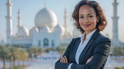 Bird s-eye view of the woman standing in front of the Sheikh Zayed Grand Mosque, Abu Dhabi, UAE, her business suit and confident pose reflecting her ability to bridge cultures and business
