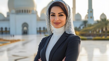 Bird s-eye view of the woman standing in front of the Sheikh Zayed Grand Mosque, Abu Dhabi, UAE, her business suit and confident pose reflecting her ability to bridge cultures and business