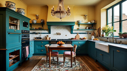 Teal eccentric kitchen with elegant cabinetry, dining table, natural light