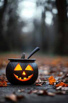 Halloween pumpkin on forest floor, autumn