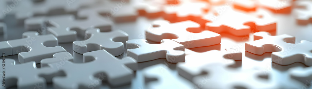 Poster plain puzzle pieces on glossy surface - overhead shot symbolizing problem solving and collaboration 