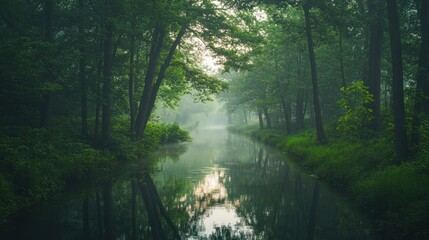 Obraz premium A misty morning view of a river flowing through a dense green forest.