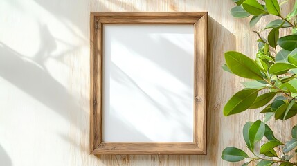 Fototapeta premium Elegant vintage wooden photo frame mock-up on rustic wood surface, natural shadows, blank interior space, vintage photo frame, rustic charm