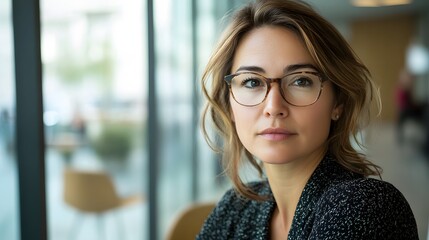 A professional woman in her early 30s, with large expressive eyes and a mixed heritage of Thai, French, and Russian, sitting in a modern office, looking thoughtfully out the window