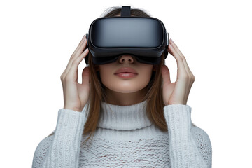 woman using virtual reality headset on white background, cut out png.