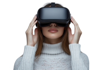 woman using virtual reality headset on white background, cut out png.