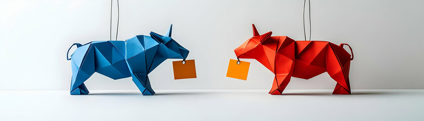 Origami Bull and Bear Market Trends with Price Tags - Vector Illustrations of Paper Texture and Fold Lines for Financial Concepts