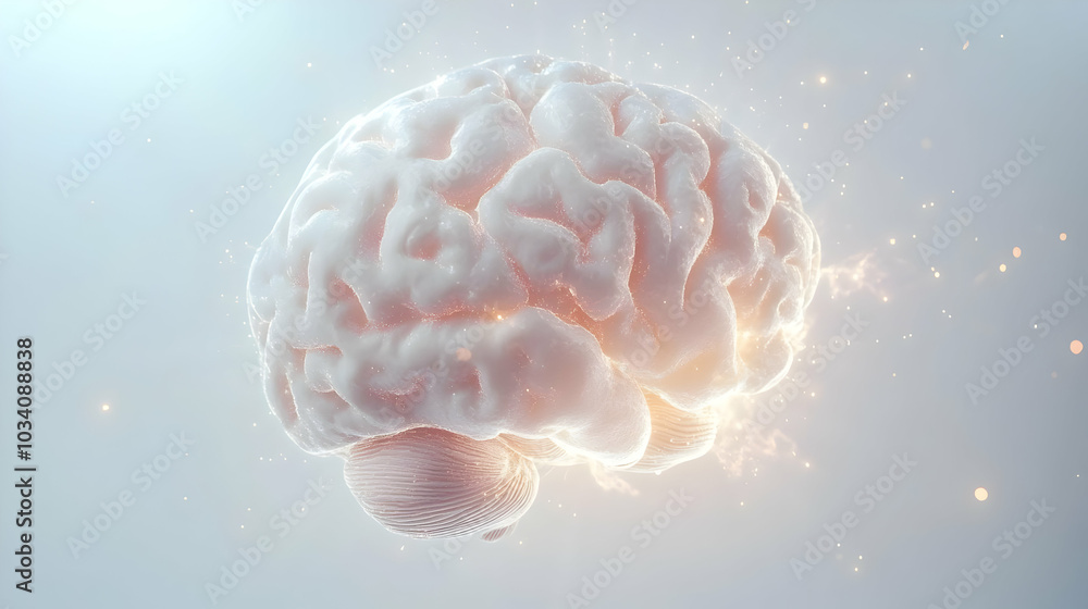 Poster 3d levitating brain with light beams - close-up of a white brain hovering in space, camera pan highl