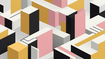 Geometric Cubical Background with pink, black, yellow accents, Modern, Minimalist Design on White