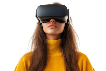 woman using virtual reality headset on white background, cut out png.