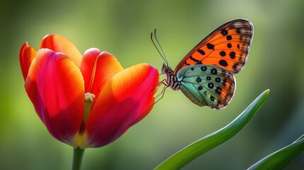 Obraz premium A colorful butterfly perched on a vibrant tulip blossom.