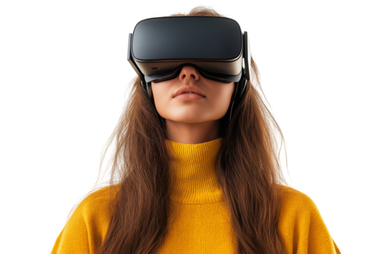 woman using virtual reality headset on white background, cut out png.