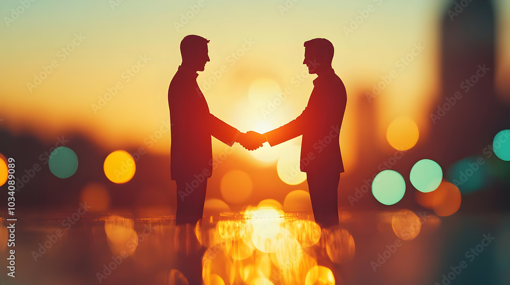 Poster 3d abstract bokeh handshake concept - silhouetted businesspeople shaking hands in soft focus with wa