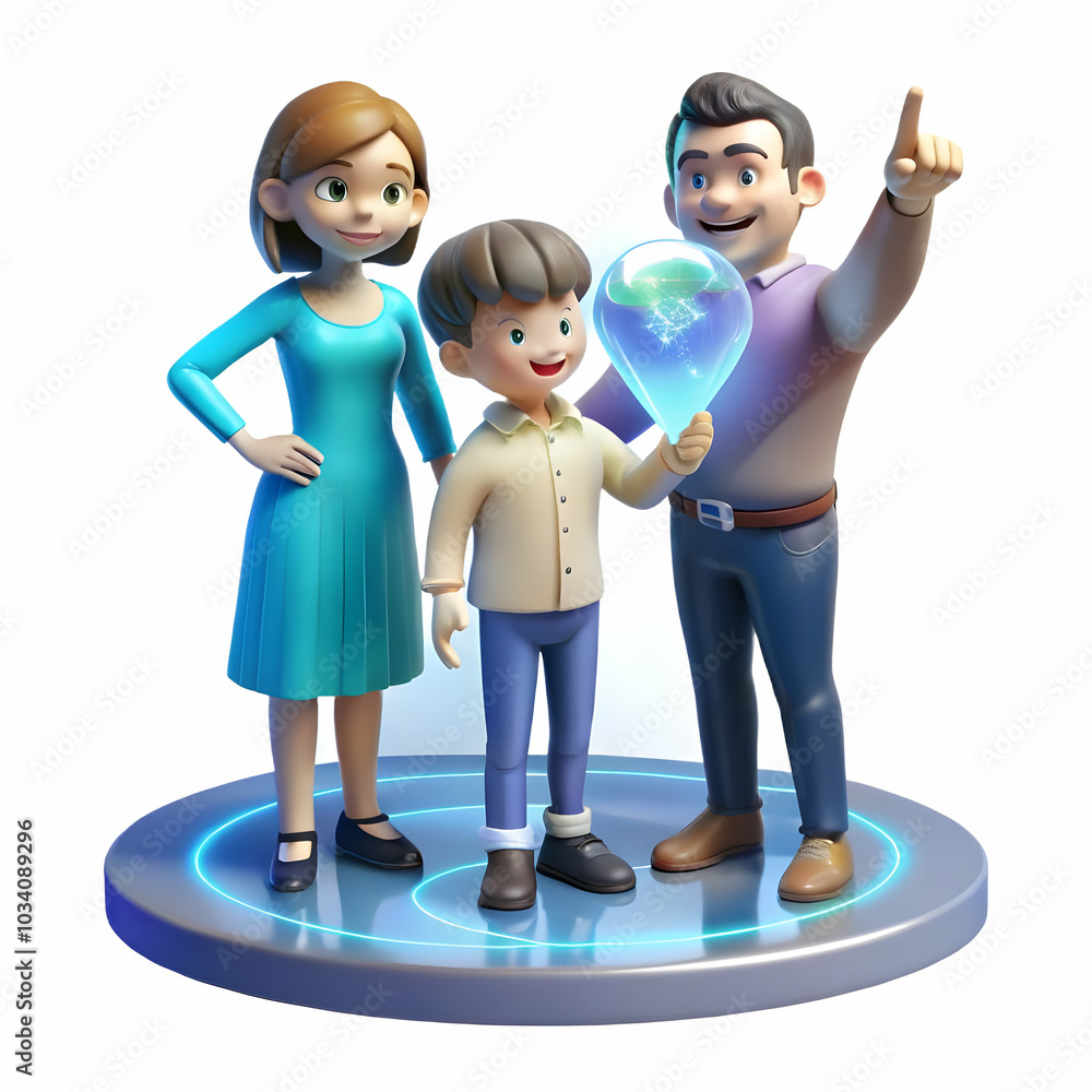 Poster macro shot of family members pointing at a holographic map in futuristic light - capturing joyful co