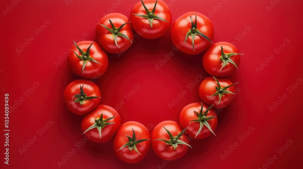 Aufkleber ten red ripe tomatoes arranged in a circle on a red background, creating a frame.