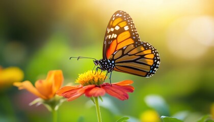 Fototapeta premium Butterfly landing on flower with vibrant wings, soft lighting, peaceful garden setup.