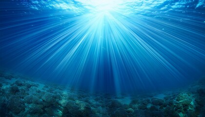 Fototapeta premium sun shining light in blue clearly deep water sunbeams illuminate the blue underwater sea scene background