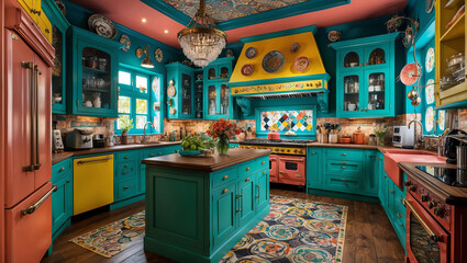Lively kitchen features turquoise and coral cabinets with decorative plates