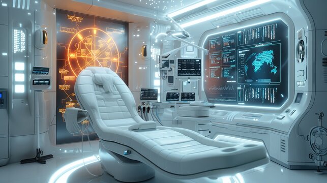 The medical room of the future city, a scientific and technological modeling chair in the house, a medical lamp with future modeling on it, a transparent touch screen with many chemical equations. - Powered by Adobe