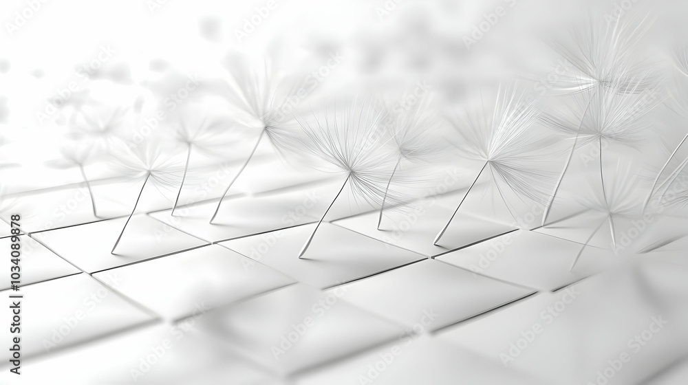 Poster 3d white dandelion seed tiles seamless pattern - minimalist floating seeds symbolizing letting go fo
