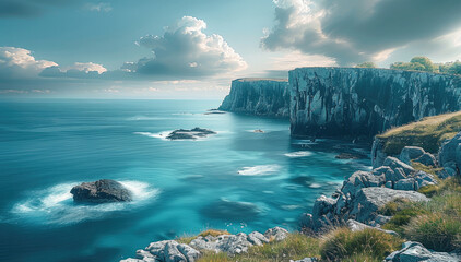 Fototapeta premium Stunning panorama and serene horizon, cliff, sea.