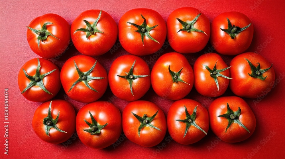 Aufkleber red tomatoes arranged in three rows of five on a red background.