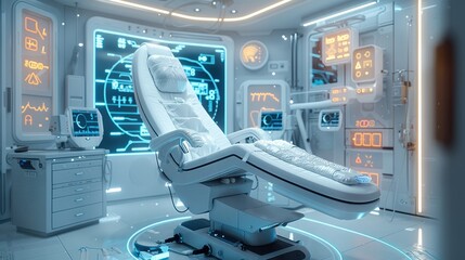 The medical room of the future city, a scientific and technological modeling chair in the house, a medical lamp with future modeling on it, a transparent touch screen with many chemical equations.