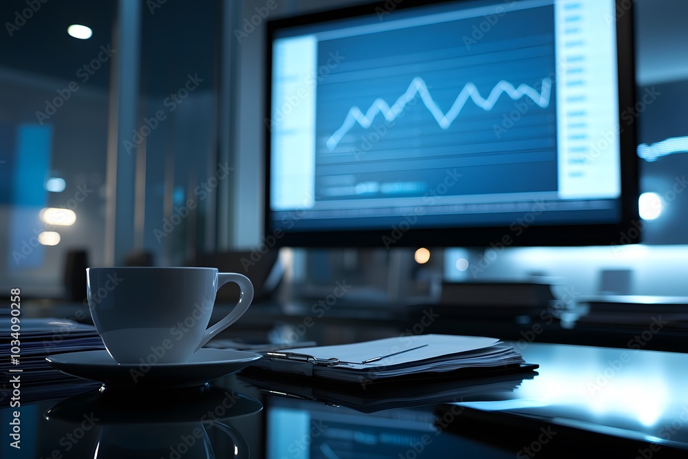 Poster a cup of coffee and documents on a desk with a blurred computer screen in the background