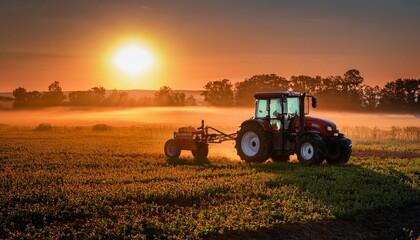 Fototapeta premium tractor in a field at sunrise