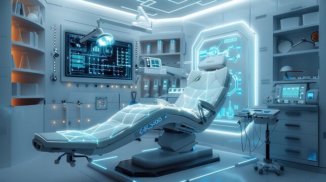 The medical room of the future city, a scientific and technological modeling chair in the house, a medical lamp with future modeling on it, a transparent touch screen with many chemical equations. - Powered by Adobe
