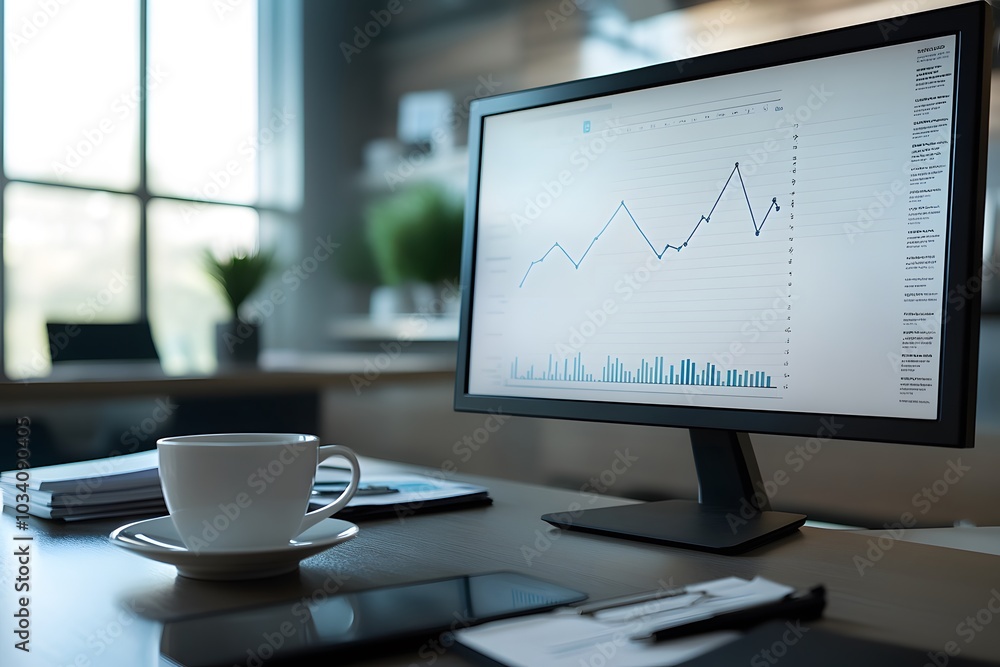 Poster office desk with computer showing a line graph and a coffee cup