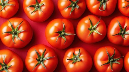 A flat lay of ripe red tomatoes on a vibrant red background, arranged in a repeating pattern.