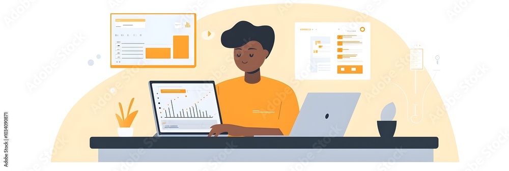 Poster young entrepreneur working on tablet reviewing financial data charts and analytics in a clean modern