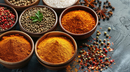 A small bowls filled with colorful spices like turmeric and paprika, arranged in an aesthetically pleasing layout. top view.