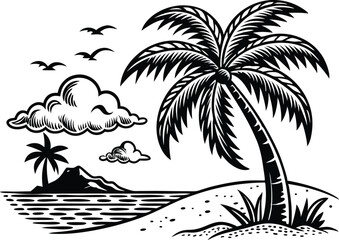 Black and White Engraving of Beach, Sea, and Palm Trees on White Background