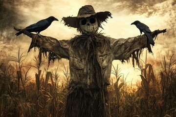 Fototapeta premium A clothed effigy stands in the middle of the field, crows perch on it