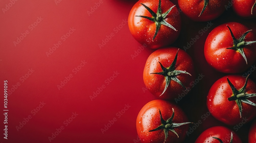 Poster a line of red, ripe tomatoes on a red background with copy space.