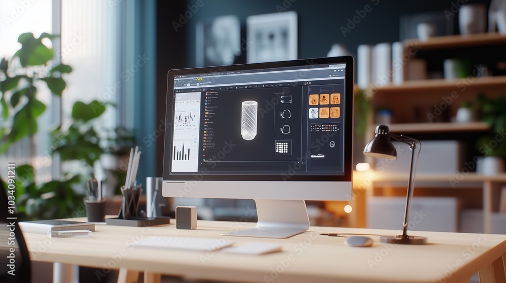 Poster modern workspace with a sleek computer setup showcasing data analytics in a bright, plant-filled off