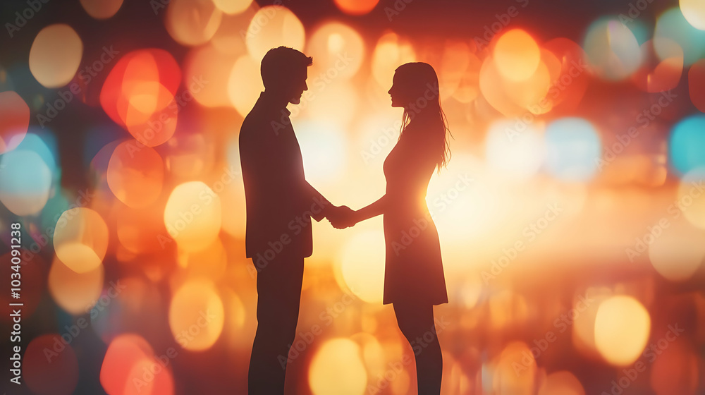 Poster 3d abstract bokeh handshake concept: silhouetted business partners shaking hands with warm toned bac
