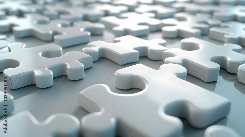 Poster 3d plain puzzle pieces on glossy white surface - ample copy space for esg business collaborations an