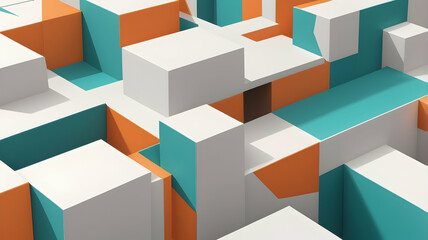 Geometric Cubical Background with orange, turquoise accents, Modern, Minimalist Design on White