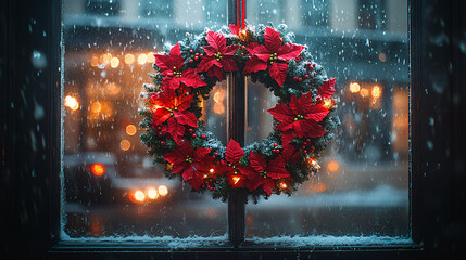 red poinsettia wreath window snow christmas winter decoration