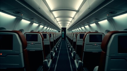 Fototapeta premium Empty airplane cabin with a person in the distance