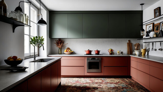 Contemporary kitchen featuring terracotta cabinetry and green upper storage