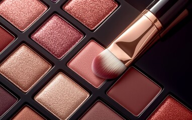 Fototapeta premium Makeup brush sweeping across vibrant eyeshadow palette, glamorous and shimmering colors, focusing on beauty and luxury cosmetics
