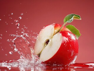 Sliced red apple with water splash on red background