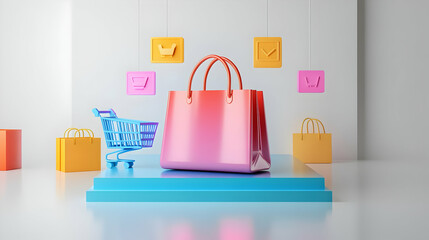 3D Shopping Bag with Holographic Icons Above Glossy White Floor - Concept of Online Shopping and Discounts with Floating Buy Button